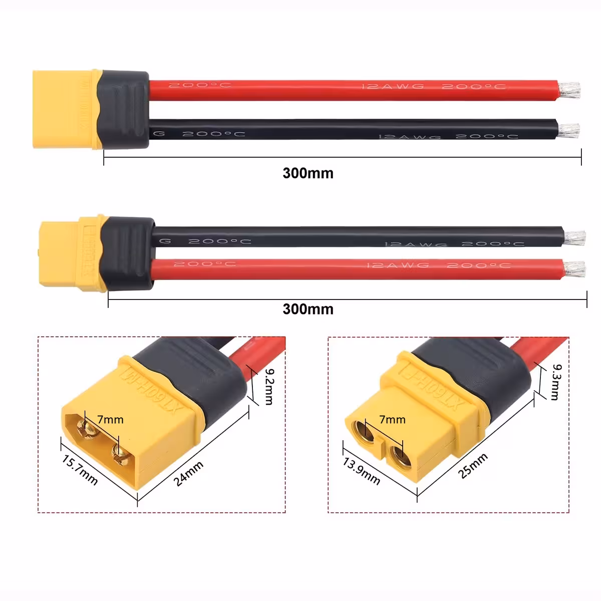 Schema dimensioni connettore XT60 femmina e maschio