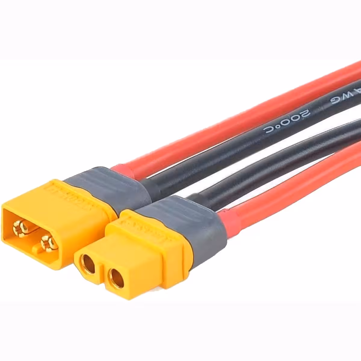 Vista laterale coppia XT60 con cavo 12AWG, per verifica connessione e orientamento
