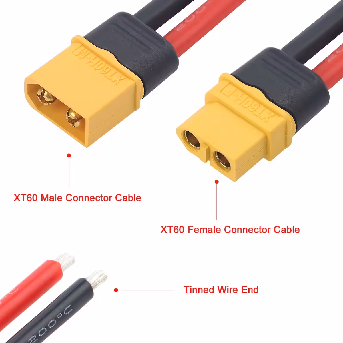 Vista dall’alto coppia XT60 con cavo spesso 12AWG, disposizione chiara per montaggio