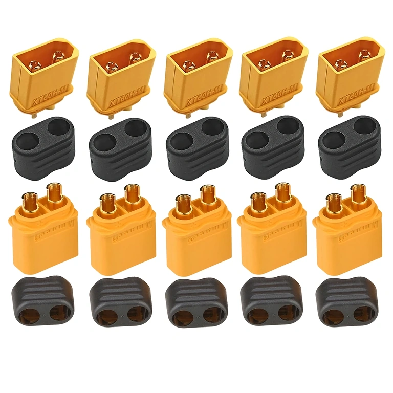 Vista dall’alto set 5 connettori XT60H, mostrando contatti dorati