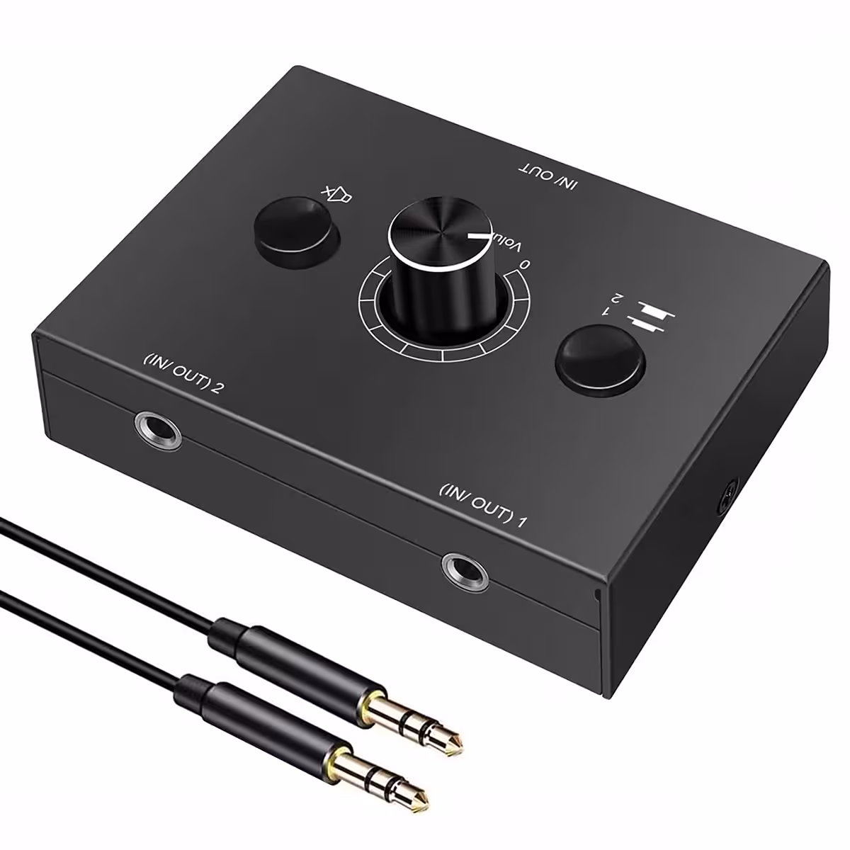 Vista frontale dell’interruttore audio stereo HiFi con pulsanti e connettori Jack 3,5 mm e RCA